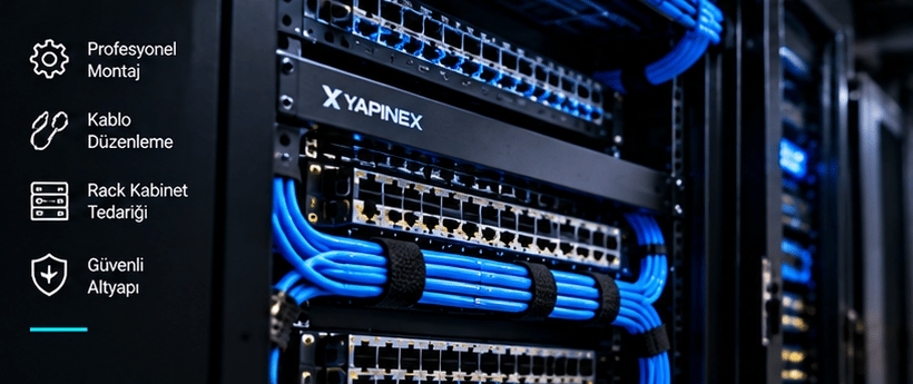 Rack kabinet içindeki düzenli ağ kabloları
